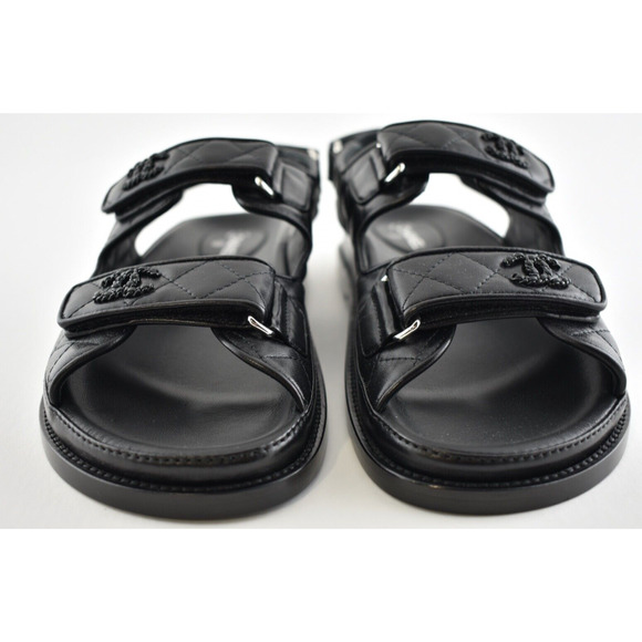 Chanel Black Leather Quilted Chain CC Logo Mule Slide Strap Flat Dad Sandal 36 - Picture 8 of 9